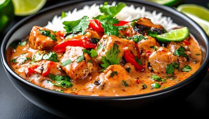 Delicious curry with rice and fresh lime slices, food photography, meal preparation