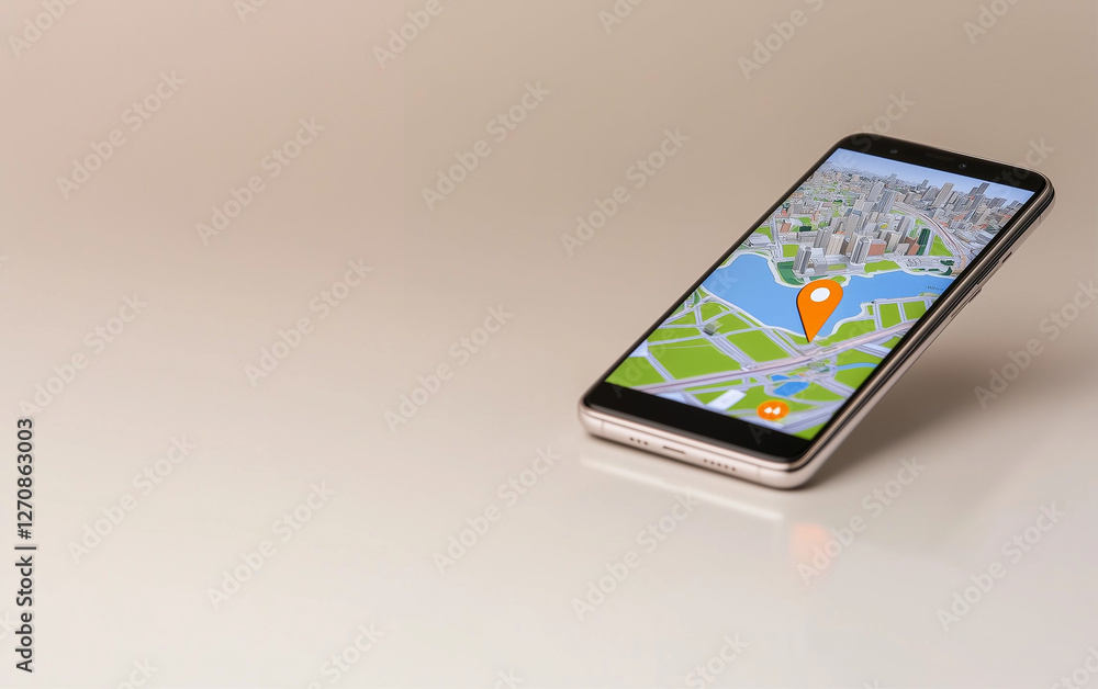 Poster smartphone displaying city map with location pin on screen. mobile phone showing map with location m