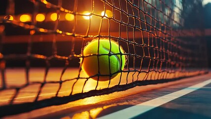 A close-up of a tennis ball near the net, illuminated by warm lights in a sports setting.