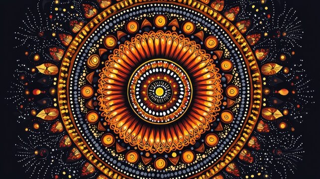 A traditional Aboriginal-inspired digital dot painting, illustrating an abstract dreamscape with rich, bold earth tones.