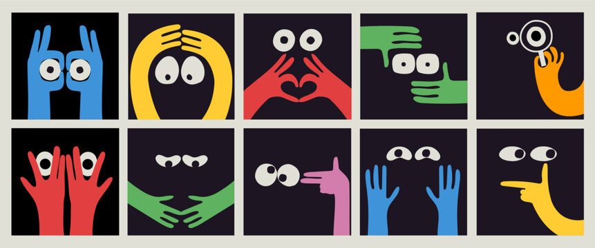 Naklejki Diverse people face doing funny hand gesture and emotion. Colorful avatar design set, modern flat cartoon character collection in simple doodle art style for psychology concept or social reaction.