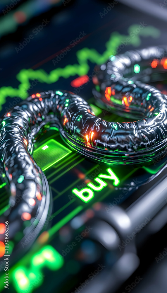 Poster digital investment a metallic line over phone screen showing graph trending up