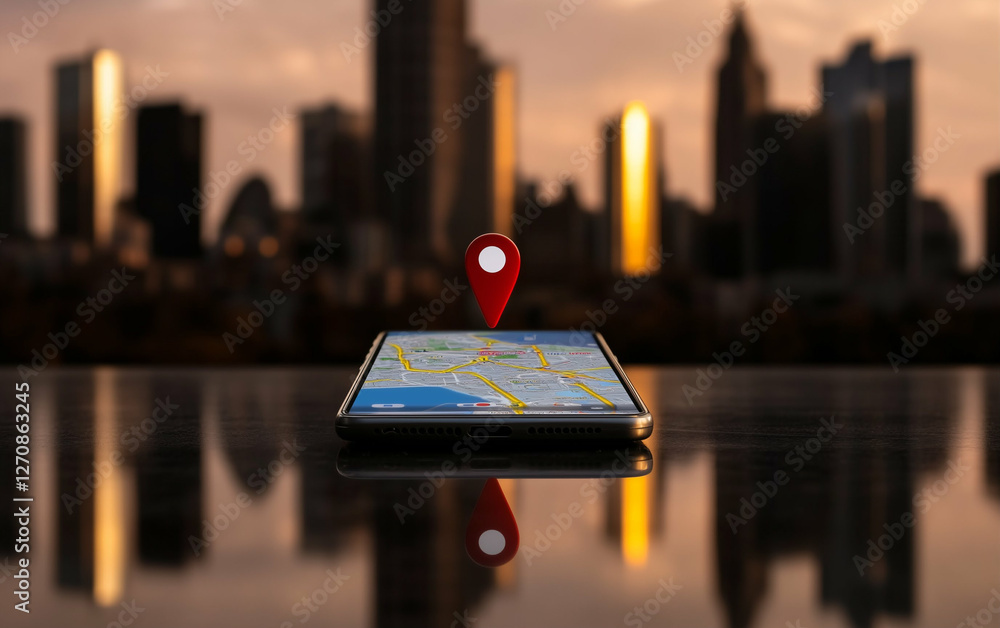 Poster Smartphone with mobile mapping and GPS navigation on screen against city skyline. Mobile mapping and GPS navigation on smartphone with red location pin. Smartphone GPS navigation with mobile mapping