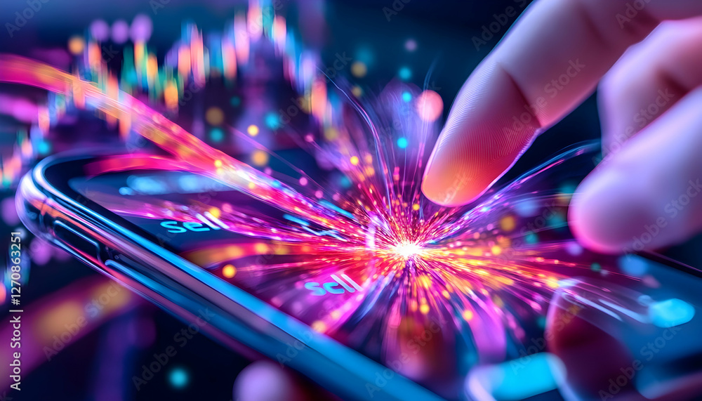 Poster digital touch. finger touching screen. glowing lines, graphs and data. use finance