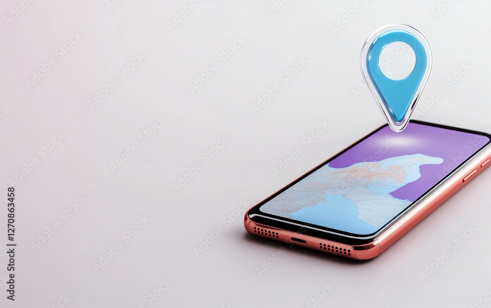 Poster smartphone with location pin displays map. location pin above smartphone screen with map. smartphone