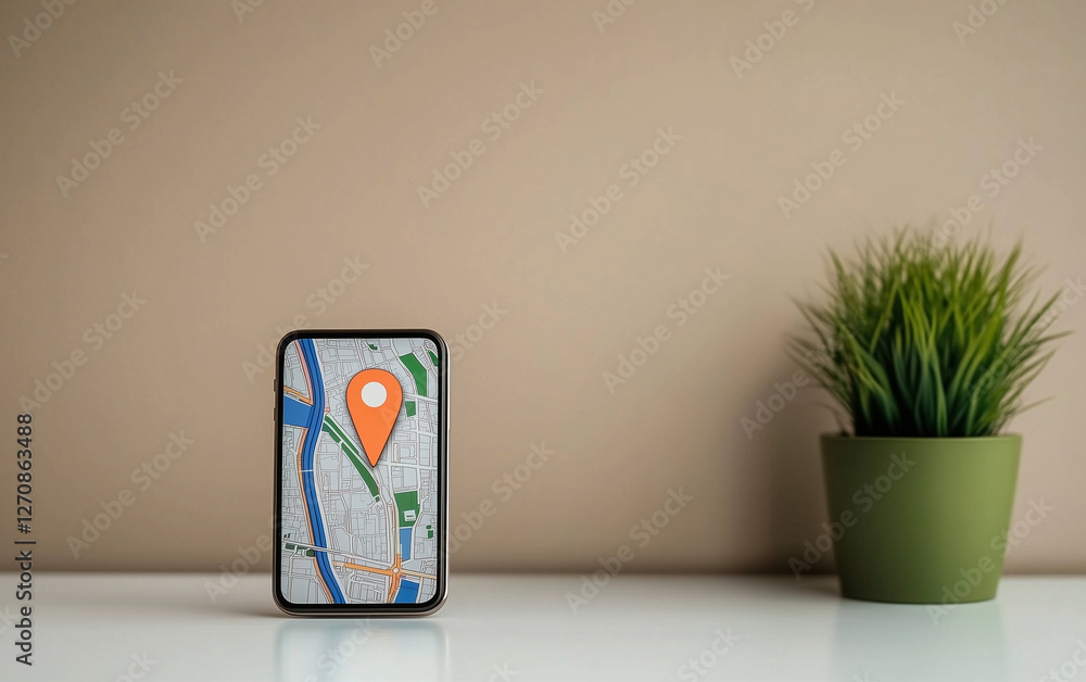 Poster smartphone displaying map with location pin on screen stands on white surface near potted plant agai