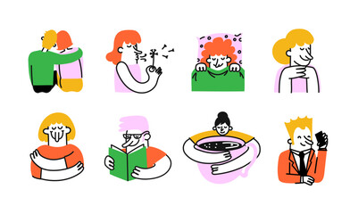 Groovy hipster 90s style stickers illustrations set. Collection of trendy retro doodle illustrations for the patches, stickers, labels, tags, stamps.