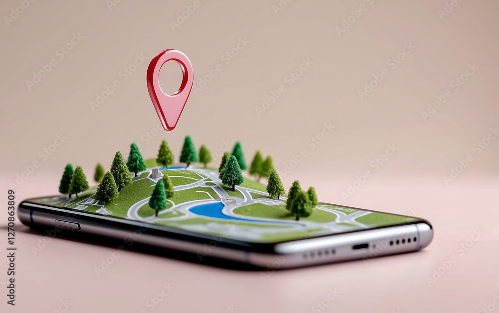 Poster smartphone displaying a 3d map with trees and a blue lake under a red location pin. smartphone with 
