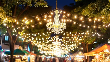 Obraz premium Night market chandelier lights festive outdoor scene