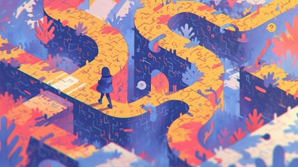 Woman navigating complex, colorful maze path, symbolizing life journey
