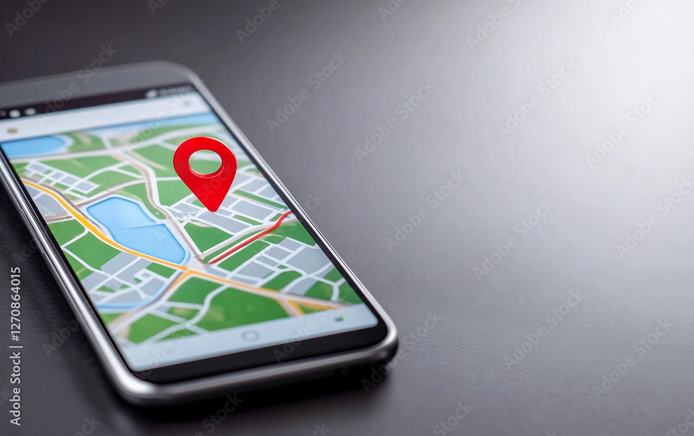 Poster smartphone displaying map with red location pin. map on smartphone screen showing city streets and l