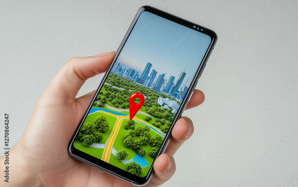 Poster smartphone displaying mobile maps with location tracking in hand. mobile maps show city location on 