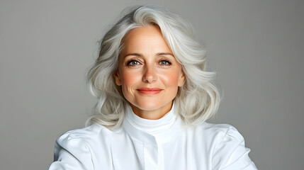Fototapeta premium Elegant senior woman posing with gray hair for beauty product advertisement in studio