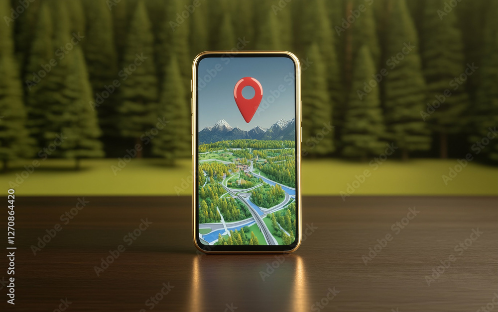 Poster Smartphone displays map with navigation and red location pin in forest background. Mobile phone showing detailed map with gps navigation and location pin. Map navigation app on smartphone screen