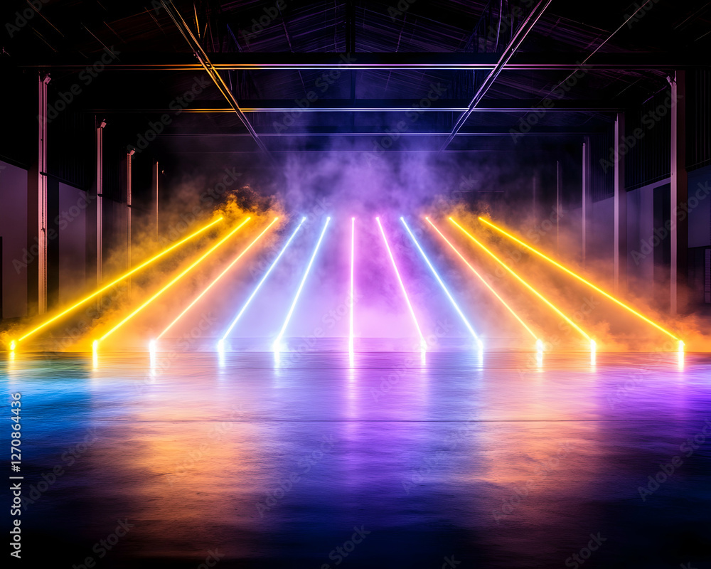 Poster empty warehouse with neon lights and fog, creating an abstract artistic scene