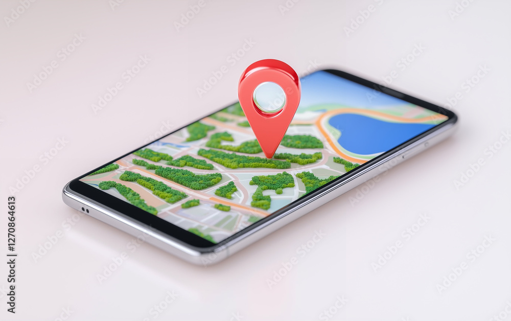 Poster smartphone with map and location pin. smartphone displays a map with a location pin on the screen. t