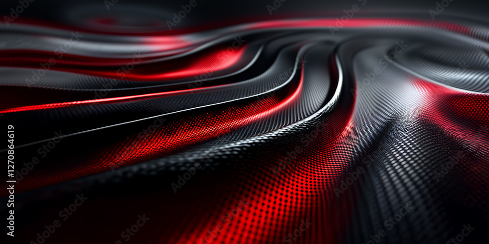 Poster Dynamic carbon fiber fabric waves with red and black patterns flowing gracefully under soft light. wide panorama automotive high tech modern technology background
