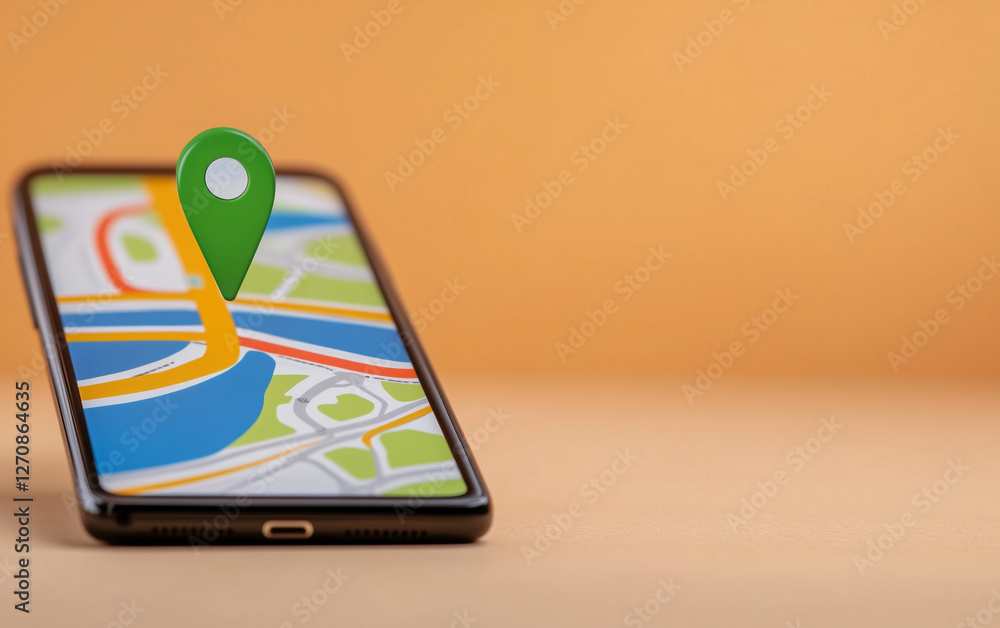 Poster Smartphone displaying map with green location pin. Map navigation app on smartphone screen showing route and destination. Mobile navigation with map on smartphone