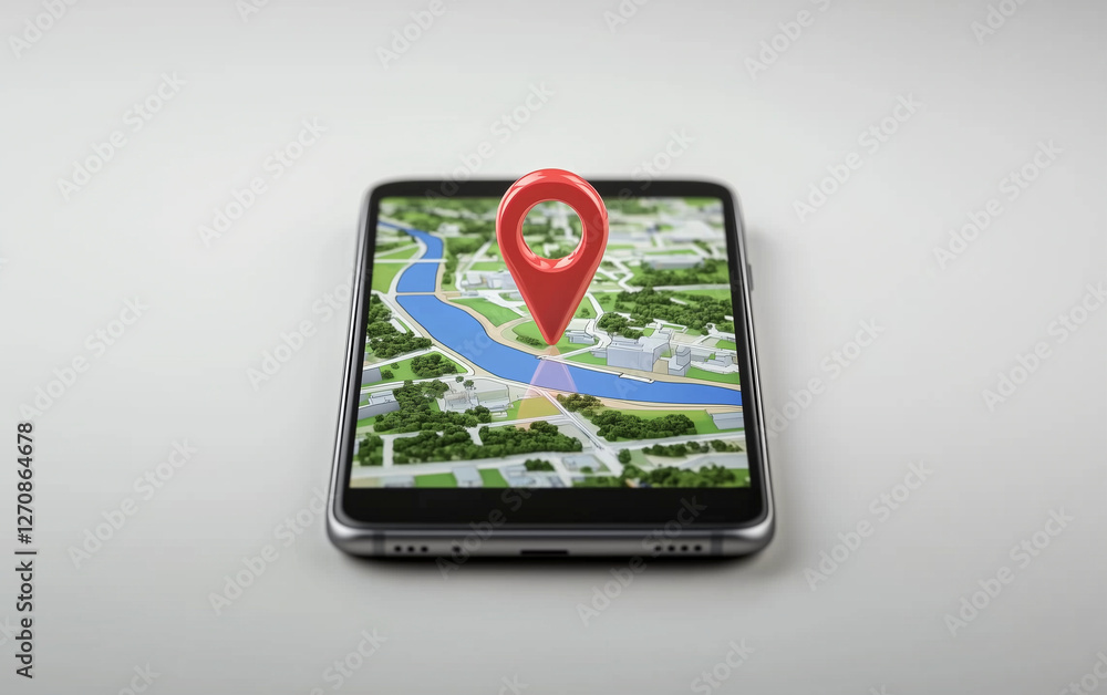 Poster Smartphone with mobile map and location pin on screen. Mobile map on smartphone screen with location pin. Mobile map with location pin on smartphone