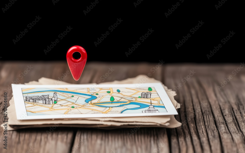 Poster map with location pin on wooden surface. travel map with red location pin. location pin pointing on 