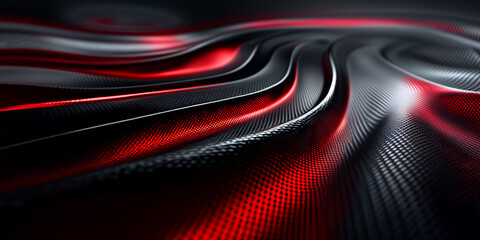 Dynamic carbon fiber fabric waves with red and black patterns flowing gracefully under soft light. wide panorama automotive high tech modern technology background