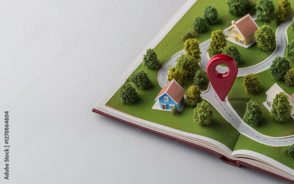 Poster map location on open book with houses and trees. location map with houses and trees on open book