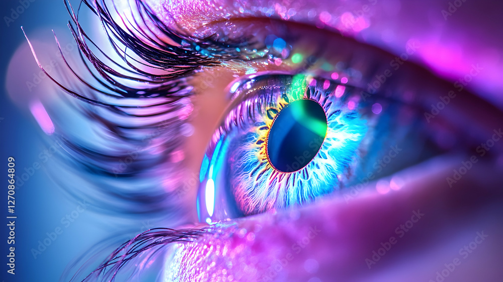 Poster eye close-up displaying bright multicolored patterns, used for vision and creativity