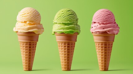 Colorful Ice Cream Cones with Yellow, Green, and Pink Scoops on Bright Green Background