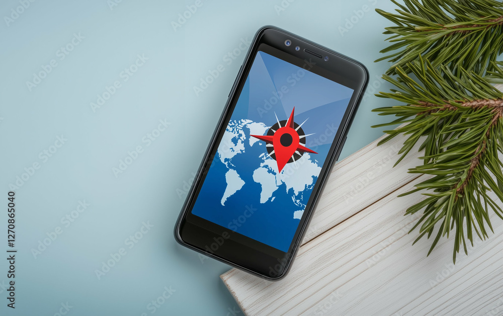 Poster smartphone displaying world map with location pin on screen. mobile phone with map application on wo