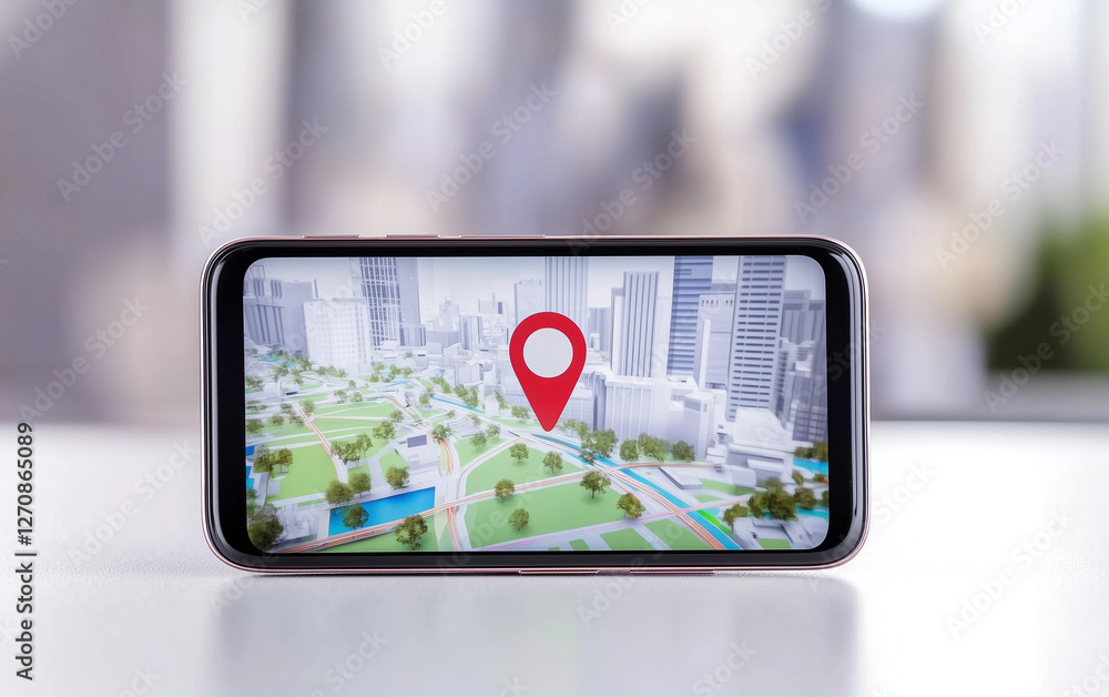 Poster smartphone displaying mobile map with city navigation and red location pin on screen. mobile map on 