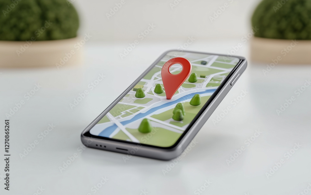 Poster Smartphone displaying map with location pin. Smartphone shows map with location. Map on smartphone with location pin