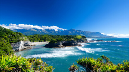 Rugged New Zealand Coastline With Towering Mountains