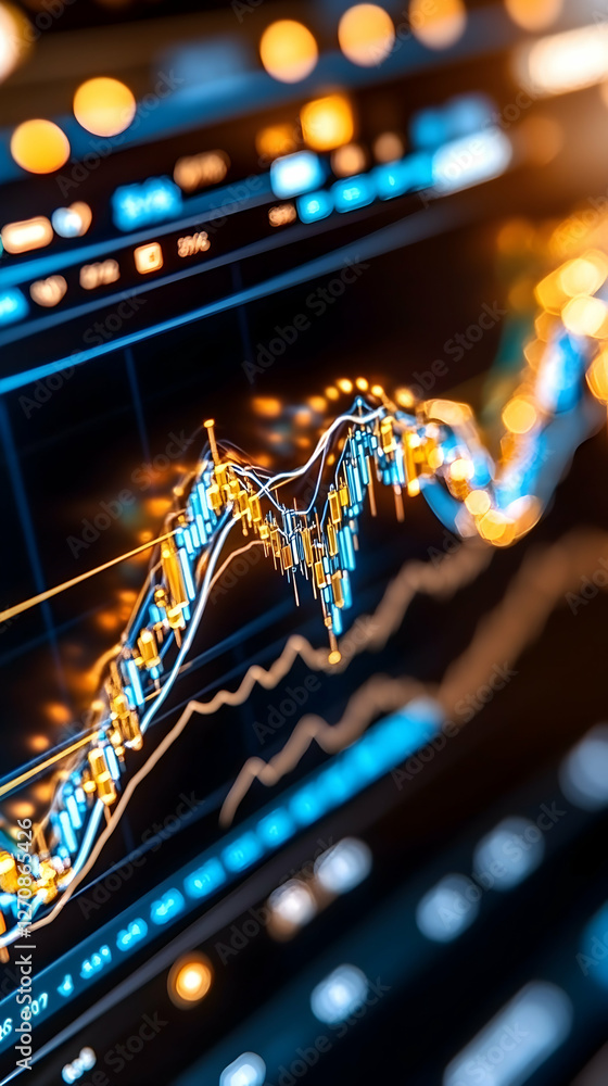 Poster financial chart on screen showing rising trend, with bokeh background for analysis use
