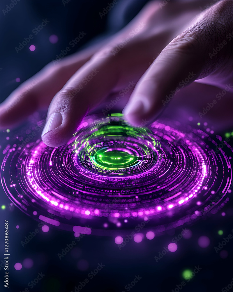 Poster finger pushing on interactive digital display with swirling neon light effect