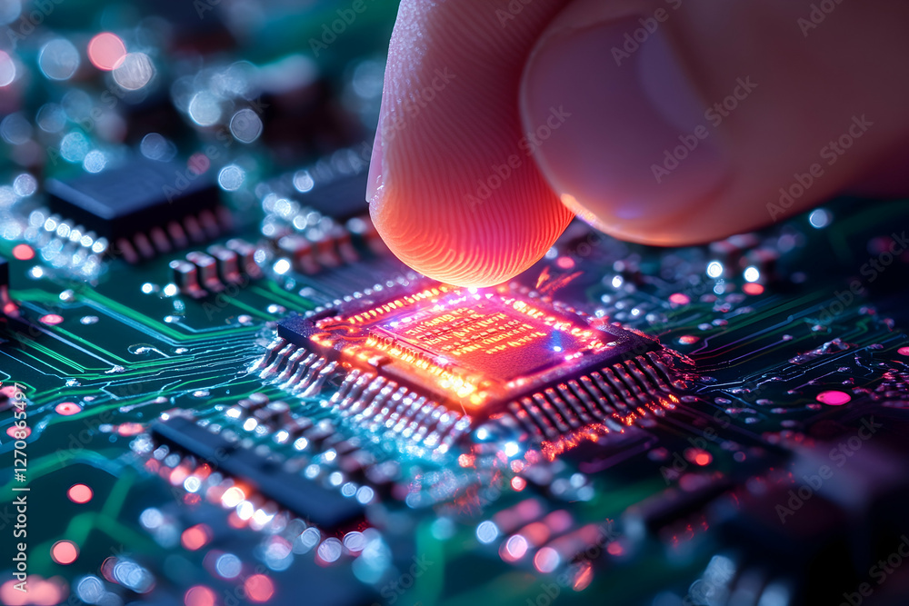 Poster finger presses lit chip on circuit board; close-up view for electronics industry