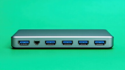 Multi-port USB hub with sleek metallic housing, set against a bright green background, symbolizing connectivity and efficiency