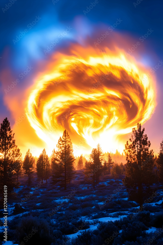 Poster firestorm erupts in the sky above pine forest. for use in disaster concepts