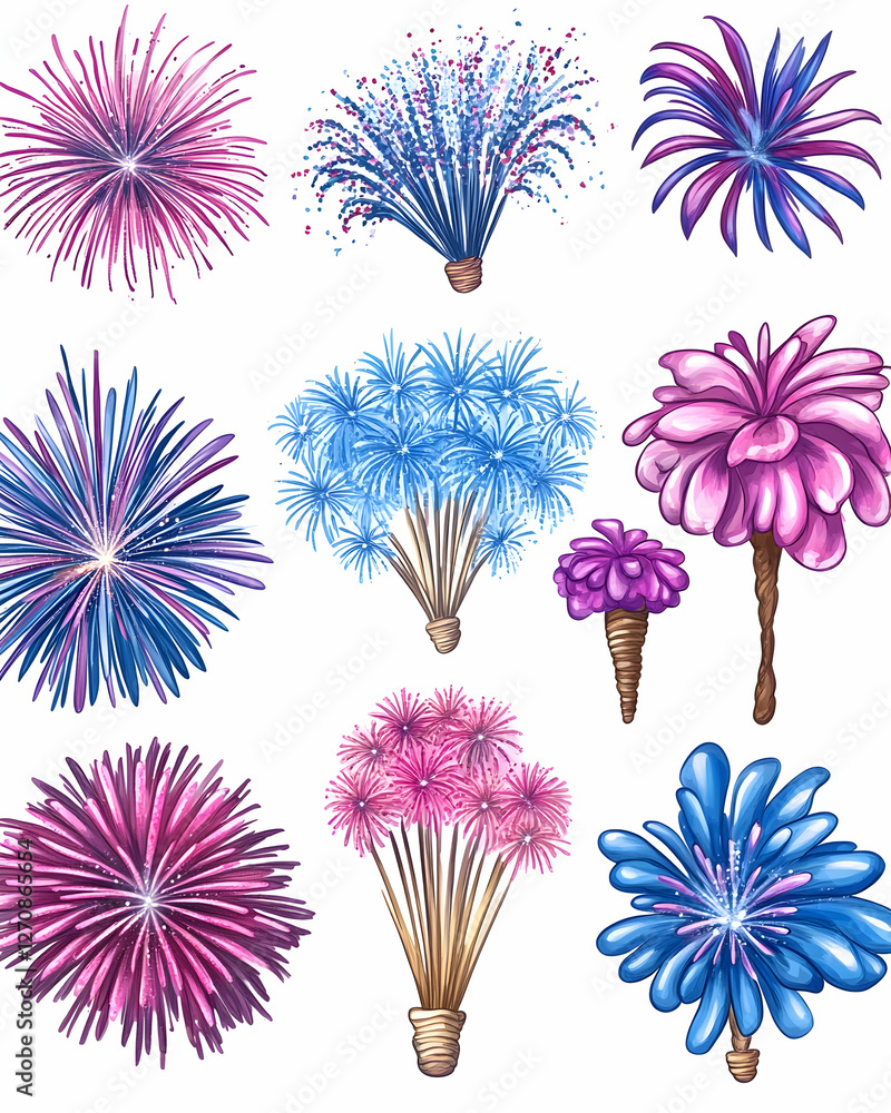 Poster fireworks display of various colors for celebration or background on transparent backdrop