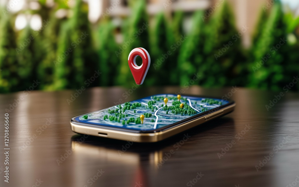 Poster smartphone with map view and location marker on wooden table with green plants background. smartphon