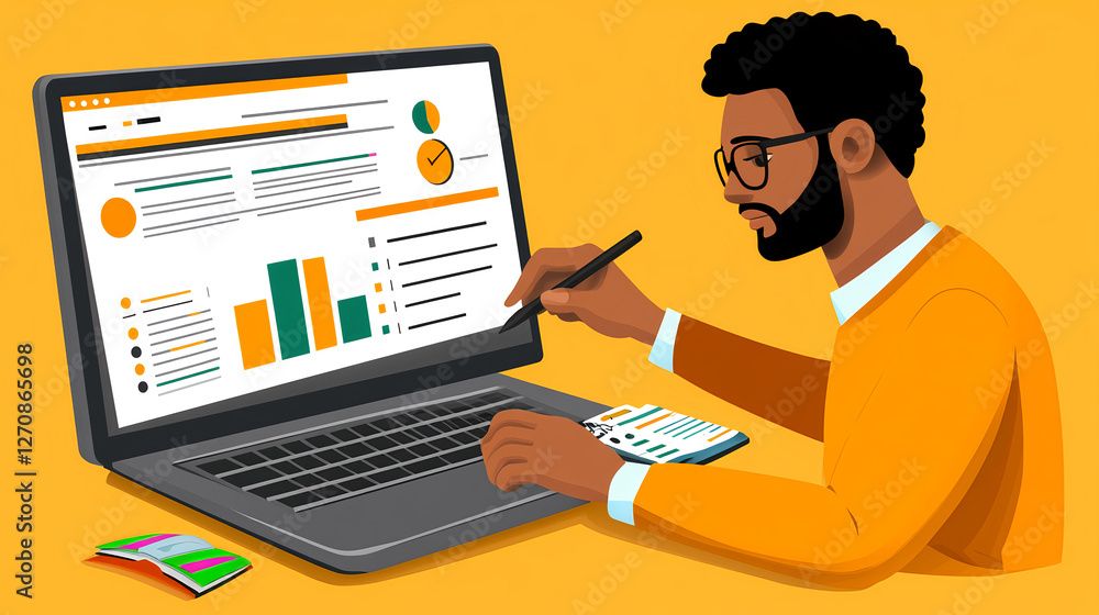 Aufkleber analyzing business data trends office digital illustration bright environment close-up view data vis