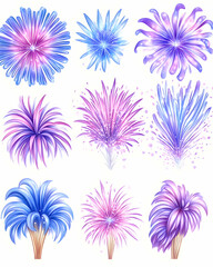 Fireworks illustrations for design elements, events, holidays, celebrations in a white sky