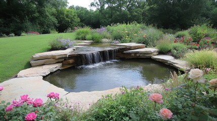 Naklejka premium Tranquil garden pond surrounded by colorful flowers and lush greenery at a sunny afternoon