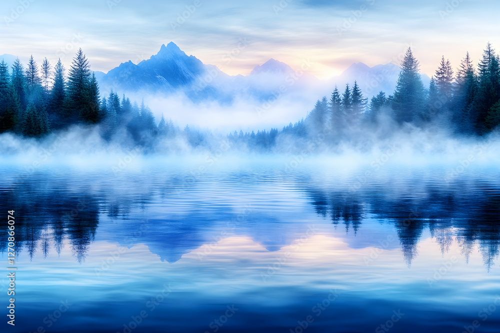 Poster fog over calm lake with mountain and trees. reflection of mountains. background use
