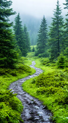 Obraz premium Forest path curves through green landscape for hikes, ecotourism, backgrounds