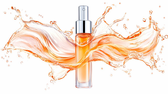 Fragrance bottle with orange splash for spa, beauty and cosmetics presentation