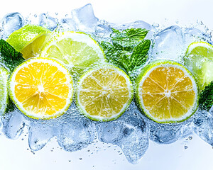 Fresh limes & lemons with mint leaves on ice cubes; bright & refreshing beverage use