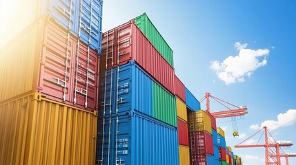 Fototapeta premium Colorful shipping containers stacked at a busy port under a bright, clear sky, symbolizing global trade and logistics efficiency.