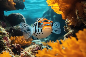 Obraz premium Colorful fish swims among vibrant coral reef in tropical waters with clear visibility during sunny day