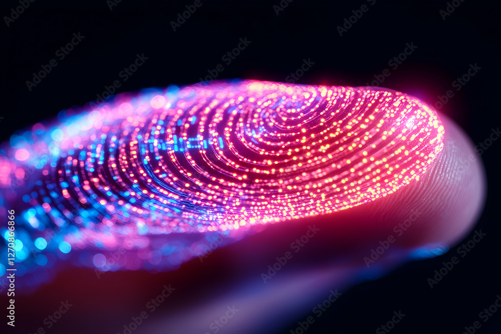 Poster futuristic fingerprint with glowing data points, authentication, security on finger
