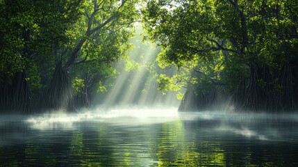 Naklejka premium Serene forest scene with sunlight filtering through lush trees, reflecting on a calm water surface, creating a tranquil and enchanting atmosphere.